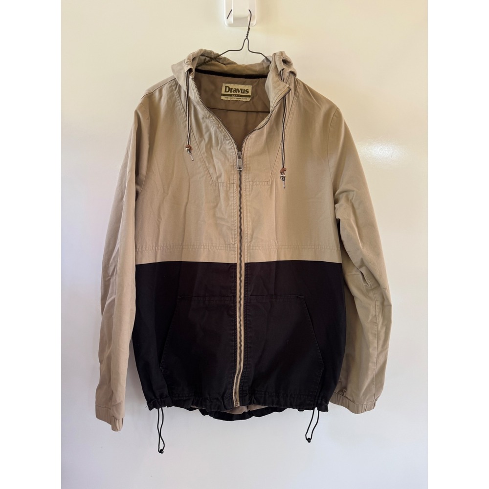 Dravus Mens Small Hooded Colorblock Jacket Tan Black Cotton Full Zip Windbreaker